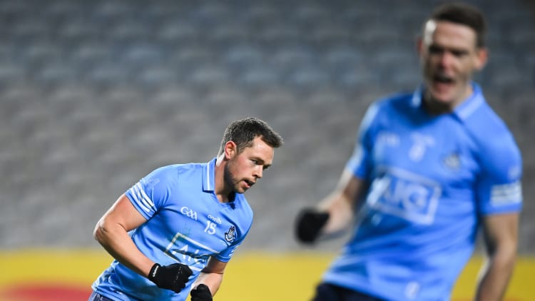 Dean Rock and Brian Fenton following Dublin's first goal against Meath at Croke Park.