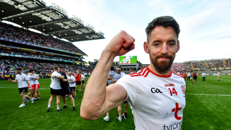 Matthew Donnelly of Tyrone celebrates after the GAA Football All-Ireland Senior Championship Final match between Mayo and Tyrone at Croke Park in Dublin.
