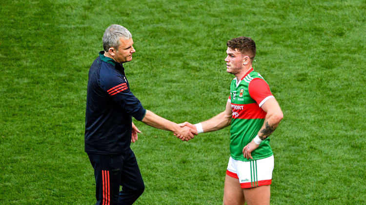 Mayo manager James Horan shakes hands with Jordan Flynn of Mayo after the GAA Football All-Ireland Senior Championship Final match between Mayo and Tyrone at Croke Park in Dublin.