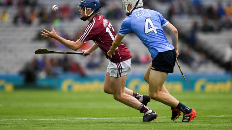 Niall Collins of Galway in action against Finn Murphy of Dublin during the Electric Ireland GAA Hurling All-Ireland Minor Championship Semi-Final at Croke Park.
