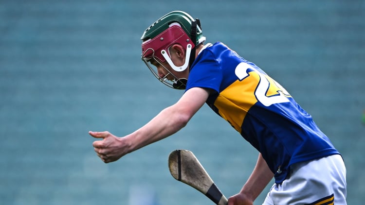 Sam Rowan of Tipperary celebrates scoring his side's first goal during the Electric Ireland Munster GAA Minor Hurling Championship Final match between Tipperary and Clare at TUS Gaelic Grounds in Limerick.