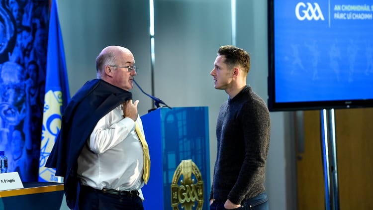 Uachtarán Chumann Lúthchleas Gael John Horan, left, speaking with GPA CEO Paul Flynn.