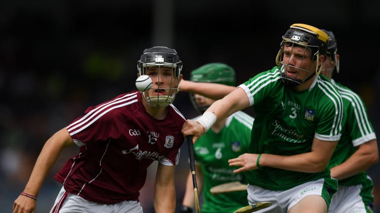 Dean Reilly of Galway in action against Ben Herlihy of Limerick during the Electric Ireland GAA Hurling All-Ireland Minor Championship Quarter-Final match between Galway and Limerick at Semple Stadium in Thurles, Co Tipperary.