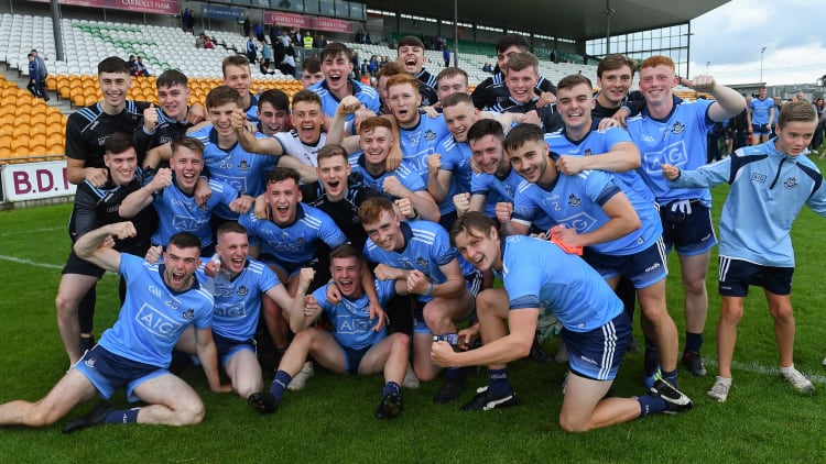 Dublin players celebrating following the EirGrid Leinster Under 20 Final at Bord Na Mona O'Connor Park.
