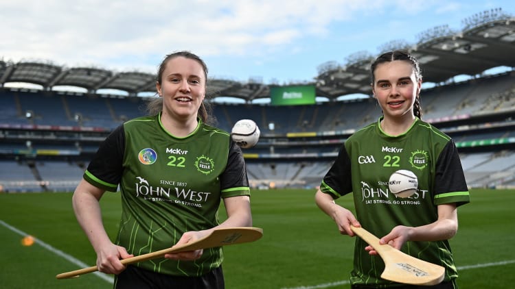 John West Féile Ambassador and Cork Camogie captain Amy Lee (l) and Aoife Moran of Whitehall Colmcille prior to the John West Féile na nGael National Camogie and Hurling Finals 2022 which take place across ten venues in Dublin and Meath on Saturday. Eighty club sides from Ireland, the UK, Europe and US, comprising close to 2,000 camogie players and hurlers, will compete.
