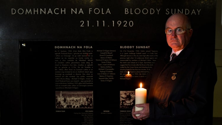 Uachtarán CLG John Horan lights a candle at the Bloody Sunday memorial in Croke Park. In lieu of a larger commemorative event at Croke Park, the GAA is encouraging members, supporters and the wider public to light a candle at dusk this Saturday 21 November, remembering the 14 lives lost that day 100 years ago.