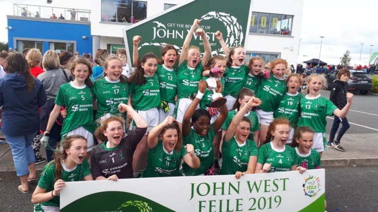 Clonguish celebrate after winning the Girls Division 4 Cup Final at the John West Féile Peile na nÓg 2019 finals.