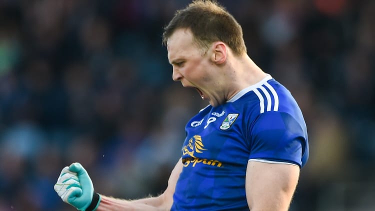 Gearóid McKiernan of Cavan celebrates after scoring a late point during the Ulster GAA Football Senior Championship quarter-final match between Cavan and Monaghan at Kingspan Breffni in Cavan.