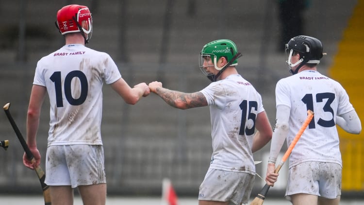 Kildare players, from left, James Burke, David Slattery and Brian Byrne celebrate following the Christy Ring Cup Round 2A match between Kildare and Wicklow at St Conleth's Park in Newbridge, Kildare.