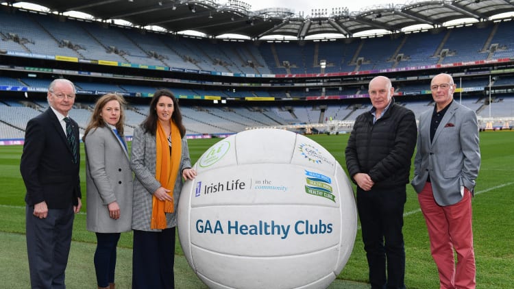 TILDA ambassadors, from left, Eamonn Rea, former Limerick Hurler, Claire Egan, former Mayo footballer, Maria Devenney, former Donegal footballer, Anthony Molloy, former Donegal footballer and Denis Coughlan, former Cork dual player, during the How to Age Well: GAA and TILDA Partnership launch at Croke Park in Dublin.