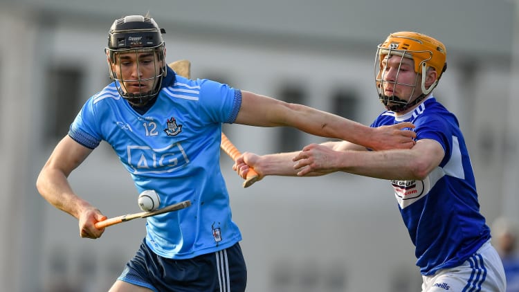 Ronan Hayes, Dublin, and Padraig Delaney, Laois, during the Allianz Hurling League encounter at Parnell Park.