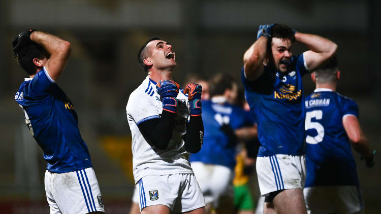Cavan players celebrate following the Ulster GAA Football Senior Championship Final match between Cavan and Donegal at Athletic Grounds in Armagh.