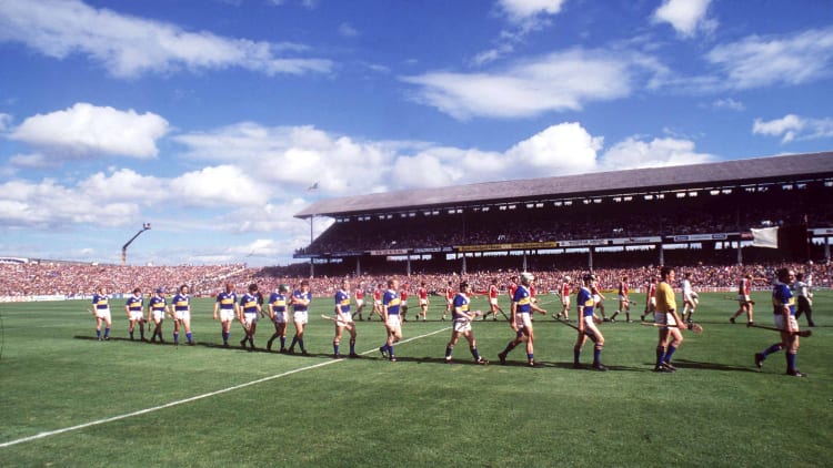 The Galway and Tipperary teams parade before the 1988 All-Ireland Hurling Final.
