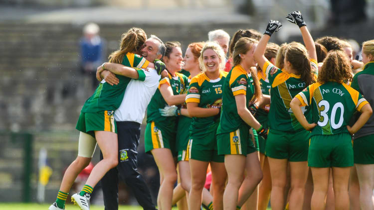 Meath manager Eamonn Murray celebrates with Aoibhin Cleary after the TG4 All-Ireland Ladies Football Intermediate Championship Semi-Final match between Meath and Roscommon at Dr Hyde Park in Roscommon.