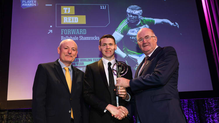 TJ Reid being presented with his Hurling Team of the Year Award by AIB Head of Retail Banking Denis O'Callaghan and Uachtarán Chumann Lúthchleas Gael John Horan in March.