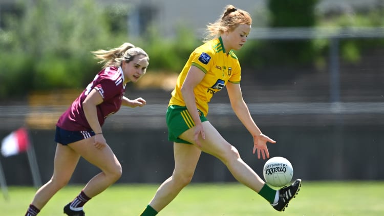 Evelyn McGinley, Donegal, and Andrea Trill, Galway, in action at Tuam Stadium.
