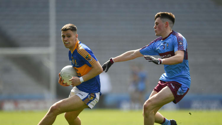 Eoin Connieff, Naas CBS, and Garrett Cavanagh, St Michael's Enniskillen, in Masita Hogan Cup Final action at Croke Park.