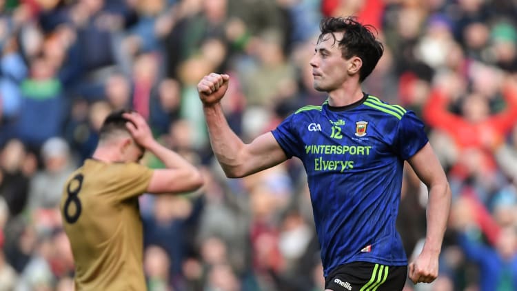 Diarmuid O'Connor celebrates scoring Mayo's second goal.