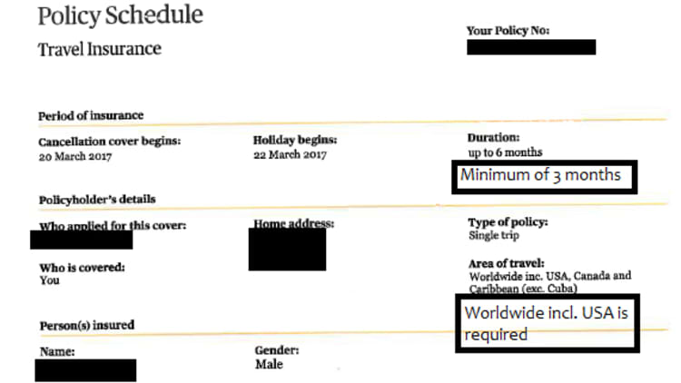 Example of Policy Schedule for Correct Travel Insurance