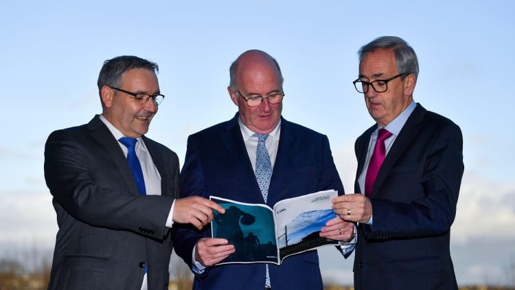 Uachtarán Chumann Lúthchleas Gael John Horan, centre, with Fergal McGill, Director of Player, Club and Games Administration, left, and Eddie Sullivan, Fixtures Calandar Review Taskforce Chairman.