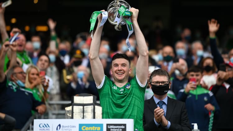 Limerick captain Declan Hannon lifts the Liam MacCarthy Cup.