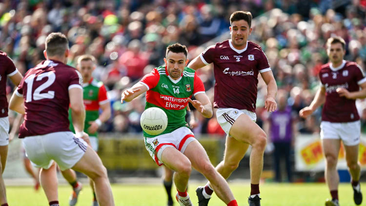 Jason Doherty, Mayo, and Sean Kelly, Galway, in Connacht SFC action.