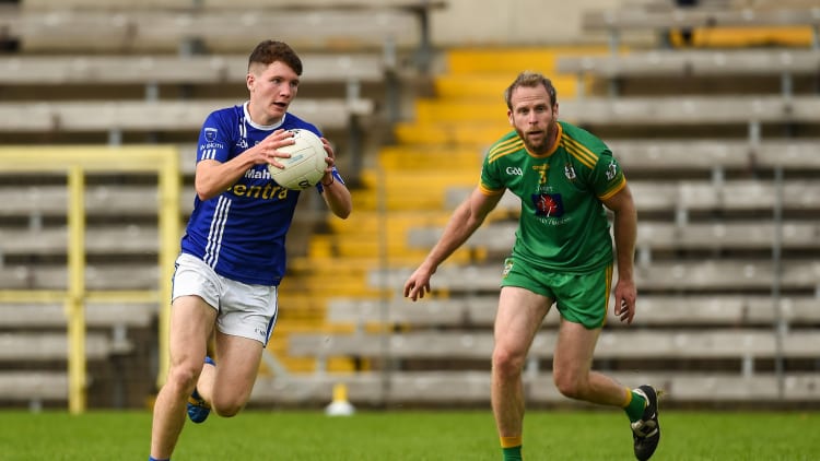 Matthew Maguire of Scotstown in action against James Conlon of Carrickmacross during the Monaghan County Senior Football Championship Semi-Final between Scotstown and Carrickmacross Emmets at St Tiernach's Park in Clones, Monaghan.