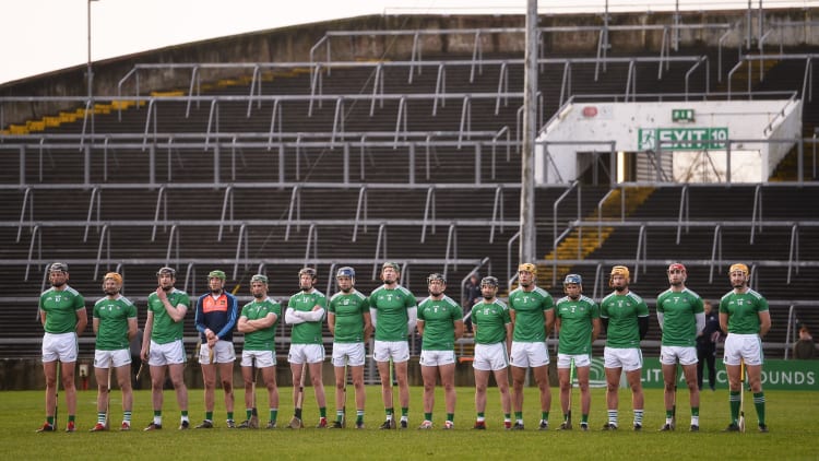 The Limerick team during the playing of the national anthem prior to the 2020 Allianz Hurling League Division 1 Group A Round 2 match between Limerick and Galway at LIT Gaelic Grounds in Limerick.