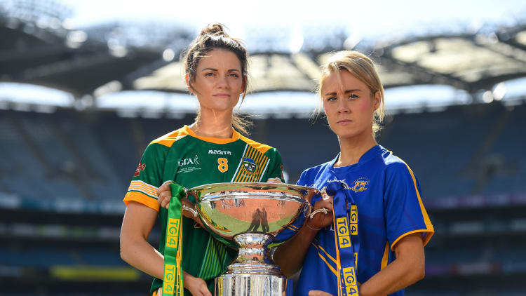 Meath's Máire O’Shaughnessy and Tipperary's Samantha Lambert pictured ahead of the TG4 All Ireland Intermediate Ladies Football Final at Croke Park.