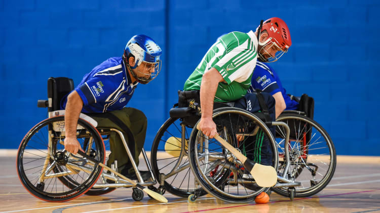 Lorcan Madden, Leinster, and Sultan Ka Ka, Munster, during the 2018 M Donnelly GAA Wheelchair All Ireland Finals at the National Indoor Arena in Abbotstown.