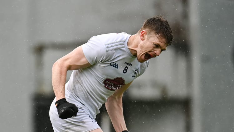 Kevin Feely of Kildare celebrates after scoring his side's first goal via a penalty during the Leinster GAA Football Senior Championship Quarter-Final match between Kildare and Louth at O'Connor Park in Tullamore, Offaly.