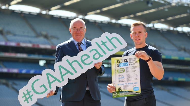 Uachtarán Chumann Lúthchleas Gael, John Horan, and Galway hurler Davey Glennon pictured at the launch of the 'Reduce the Odds' Gambling awareness campaign in Croke Park.