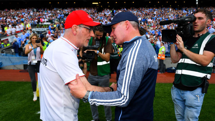 Tyrone manager Mickey Harte and Dublin manager Jim Gavin speak after last year's All-Ireland SFC Final.