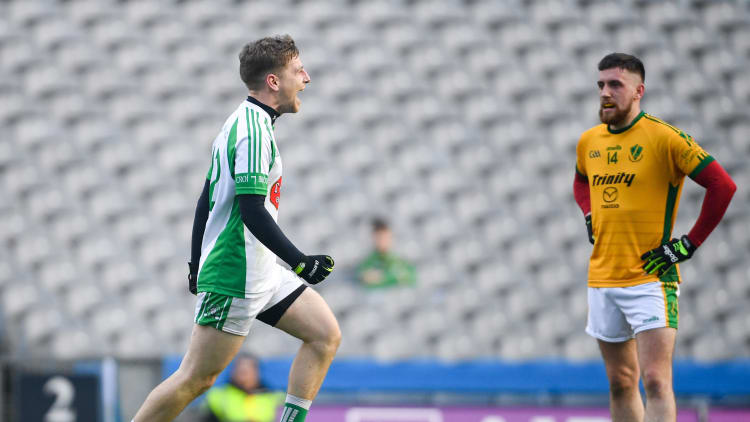 Ian McCarthy of Na Gaeil celebrates after scoring his side's first goal during the AIB GAA Football All-Ireland Junior Club Championship Final match between Na Gaeil and Rathgarogue-Cushinstown at Croke Park in Dublin.