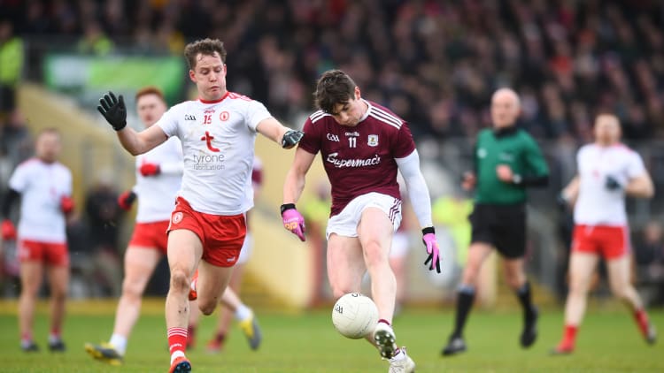 Shane Walsh, Galway, and Kieran McGeary, Tyrone, in Allianz Football League action at Healy Park.