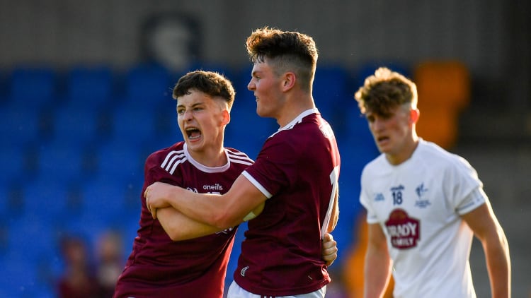 Nathan Grainger of Galway, left, celebrates with team-mate Tomo Culhane after scoring his side's second goal during the Electric Ireland GAA Football All-Ireland Minor Championship Quarter-Final match between Kildare and Galway at Glennon Brothers Pearse Park in Longford.