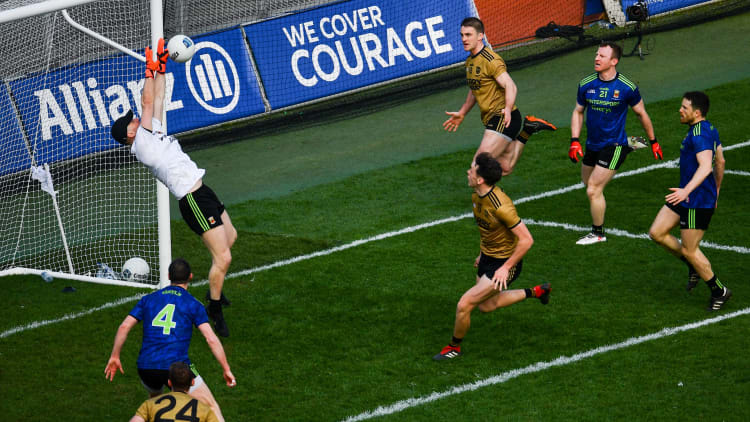 Mayo goalkeeper Robbie Hennelly pictured making a vital injury-time safe from Kerry's David Clifford.