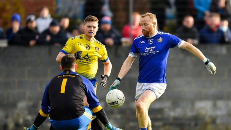JP Rooney, Naomh Mairtin, and David Lennon, St Mochta's, during the Louth SFC Final.