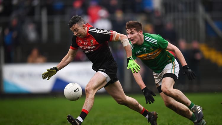 Evan Regan of Mayo in action against Shane Quinn of Leitrim during the 2019 Connacht FBD League Preliminary Round match between Leitrim and Mayo.