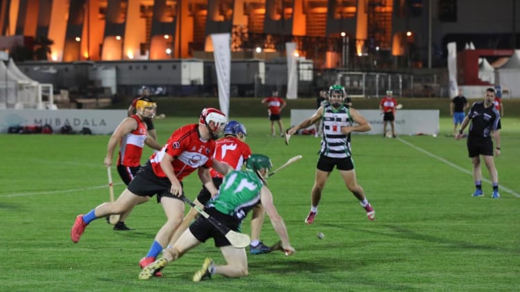 Hurling action from the 2019 Middle East GAA Championships.