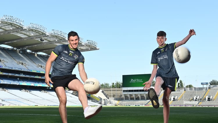 John West Féile Ambassador and Galway footballer Shane Walsh, left, and Whitehall Colmcille's Ben Cox in attendance at the launch of John West Féile, 2021 at Croke Park in Dublin.