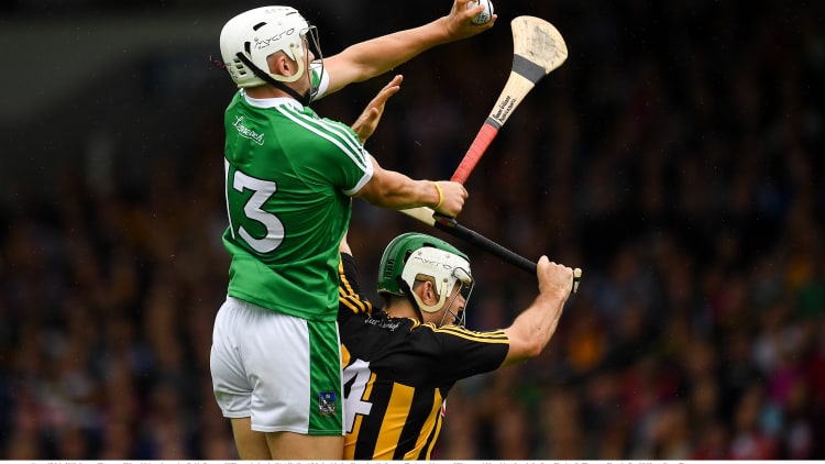 Aaron Gillane, Limerick, and Paddy Deegan, Kilkenny, during the 2018 All Ireland SHC Quarter-Final at Semple Stadium.