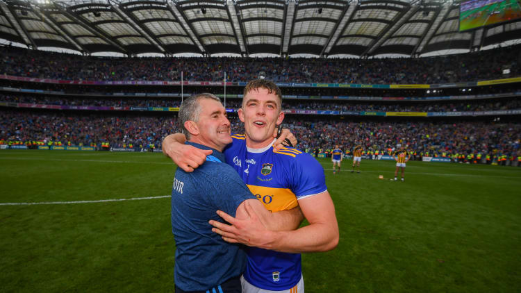 Tipperary manager Liam Sheedy and Ronan Maher celebrate at Croke Park.