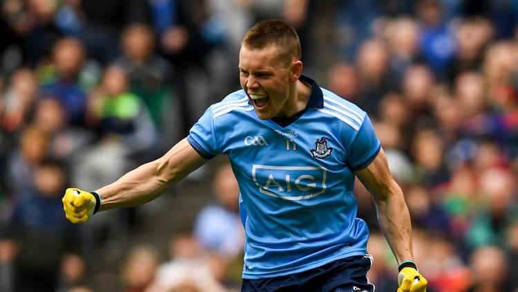 Con O'Callaghan of Dublin celebrates after scoring his side's first goal during the GAA Football All-Ireland Senior Championship Semi-Final match between Dublin and Mayo at Croke Park in Dublin.