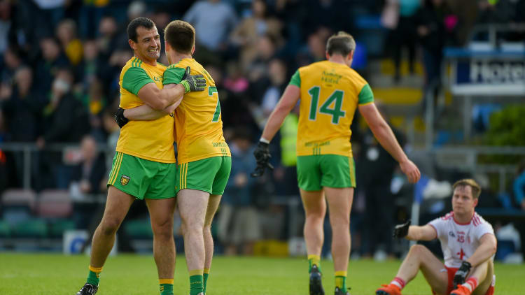 Eoghan Bán Gallagher, left, and Frank McGlynn of Donegal celebrate after the Ulster GAA Football Senior Championship semi-final match between Donegal and Tyrone at Kingspan Breffni Park in Cavan.