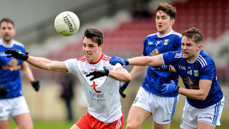 David Mulgrew of Tyrone in action against Stephen Murray of Cavan during the Bank of Ireland Dr McKenna Cup Round 2 match between Tyrone and Cavan at Healy Park in Omagh, Tyrone.