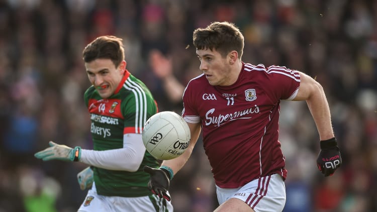 Shane Walsh, Galway, and Jason Doherty, Mayo in action during an Allianz Football League Division One match at Pearse Stadium in February 2018.