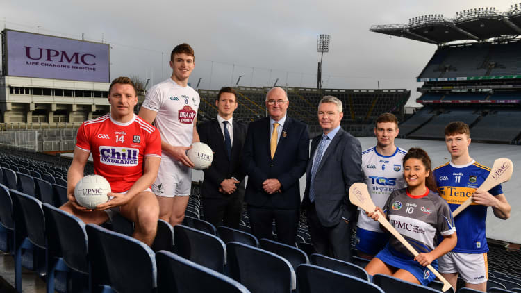 In attendance at the announcement of UPMC as Official Healthcare Partner to the GAA/GPA are, from left, Cork footballer Brian Hurley, Kildare footballer Kevin Feely, Paul Flynn, CEO GPA, Uachtarán Cumann Lúthchleas Gael John Horan, David Beirne, Senior Vice President, UMPC, Waterford hurler Austin Gleeson, WIT Camogie Player Shauna Quirke and Tipperary Hurler Jake Morris at Croke Park in Dublin.