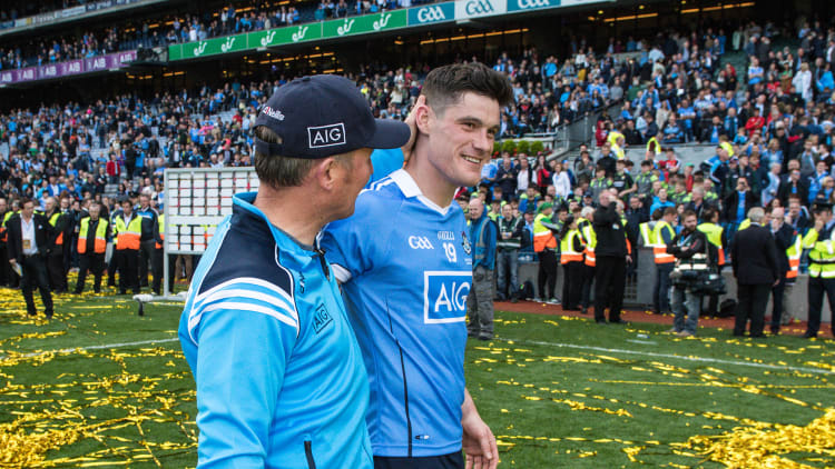 Dublin manager Jim Gavin congratulates Diarmuid Connolly after victory over Mayo in the 2017 All-Ireland SFC Final.