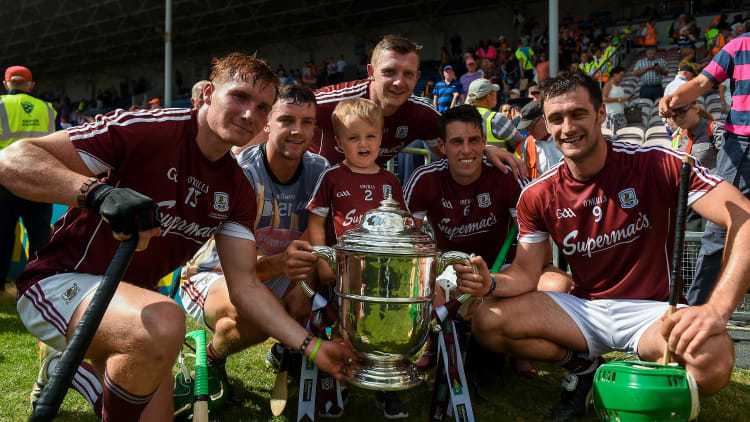 Galway players and supporters celebrate their Leinster SHC Final victory over Kilkenny.
